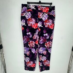 Chicos Perfect Stretch Floral Pull On Pants Navy Purple Red Slim Size 1.5 Medium